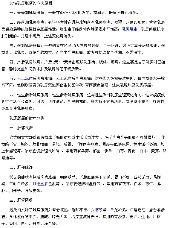 女性乳房脹痛的六大原因以及乳房脹痛的治療分類