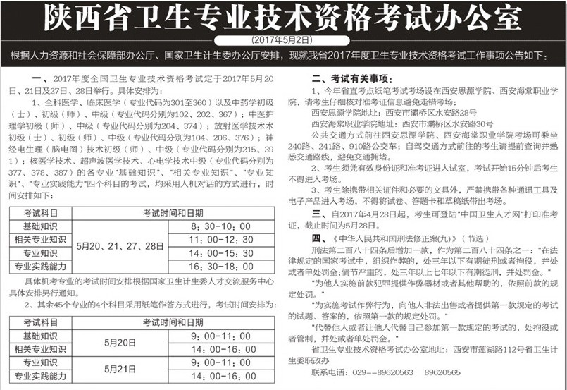 陜西省2017年衛(wèi)生資格考試時間及地點安排等通知