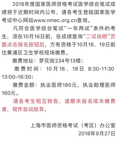 上海市2018年醫(yī)師資格考試成績查詢?nèi)肟诩岸噲?bào)名繳費(fèi)通知