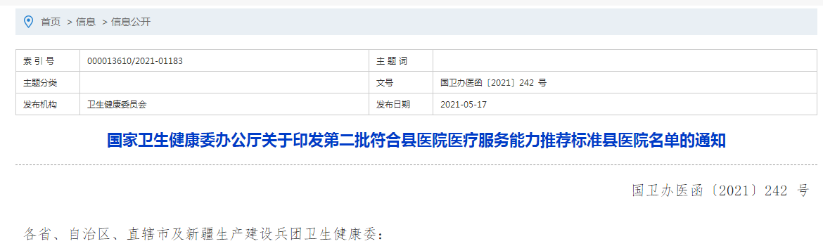 國家衛(wèi)生健康委辦公廳關(guān)于印發(fā)第二批符合縣醫(yī)院醫(yī)療服務(wù)能力推薦標(biāo)準(zhǔn)縣醫(yī)院名單的通知 國家衛(wèi)生健康委辦公廳關(guān)于印發(fā)第二批符合縣醫(yī)院醫(yī)療服務(wù)能力推薦標(biāo)準(zhǔn)縣醫(yī)院名單的通知