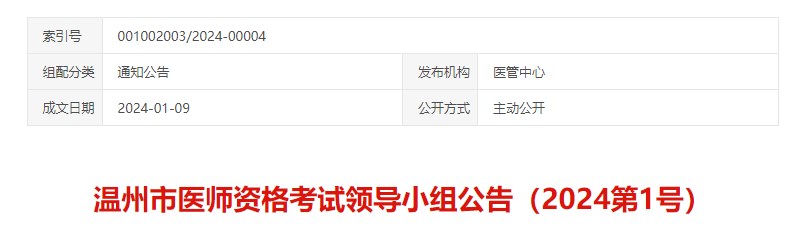 溫州市醫(yī)師資格考試領(lǐng)導(dǎo)小組公告(2024第1號(hào)) 溫州市醫(yī)師資格考試領(lǐng)導(dǎo)小組公告(2024第1號(hào))